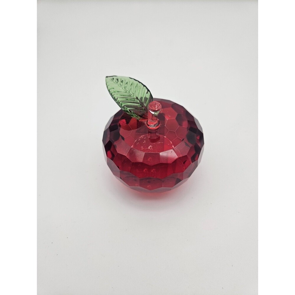 Cut Crystal  Red Apple Simon Designs Glass Leaf Stem Paper Weight